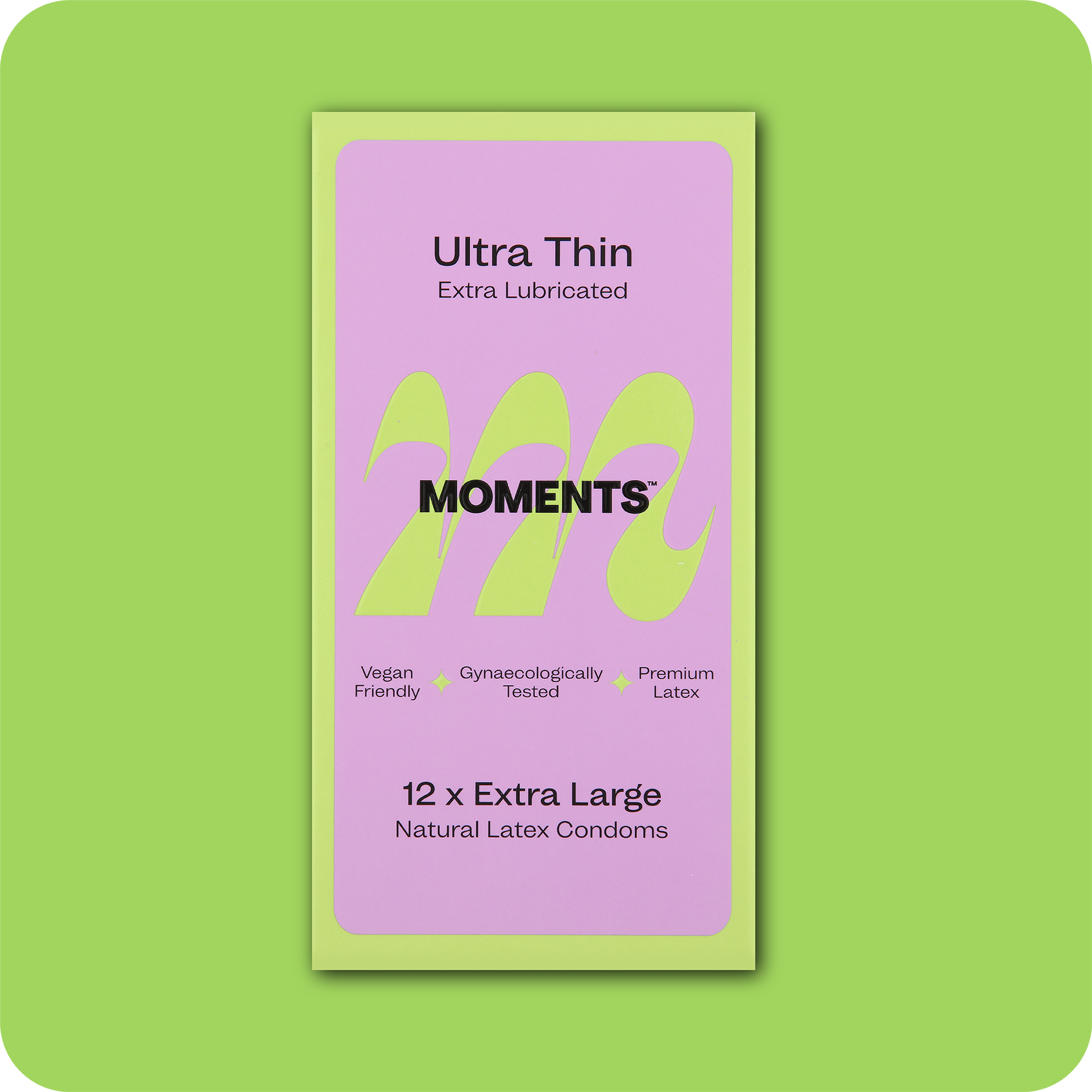 Moments Ultra Thin Extra Large condom box against a green backdrop
