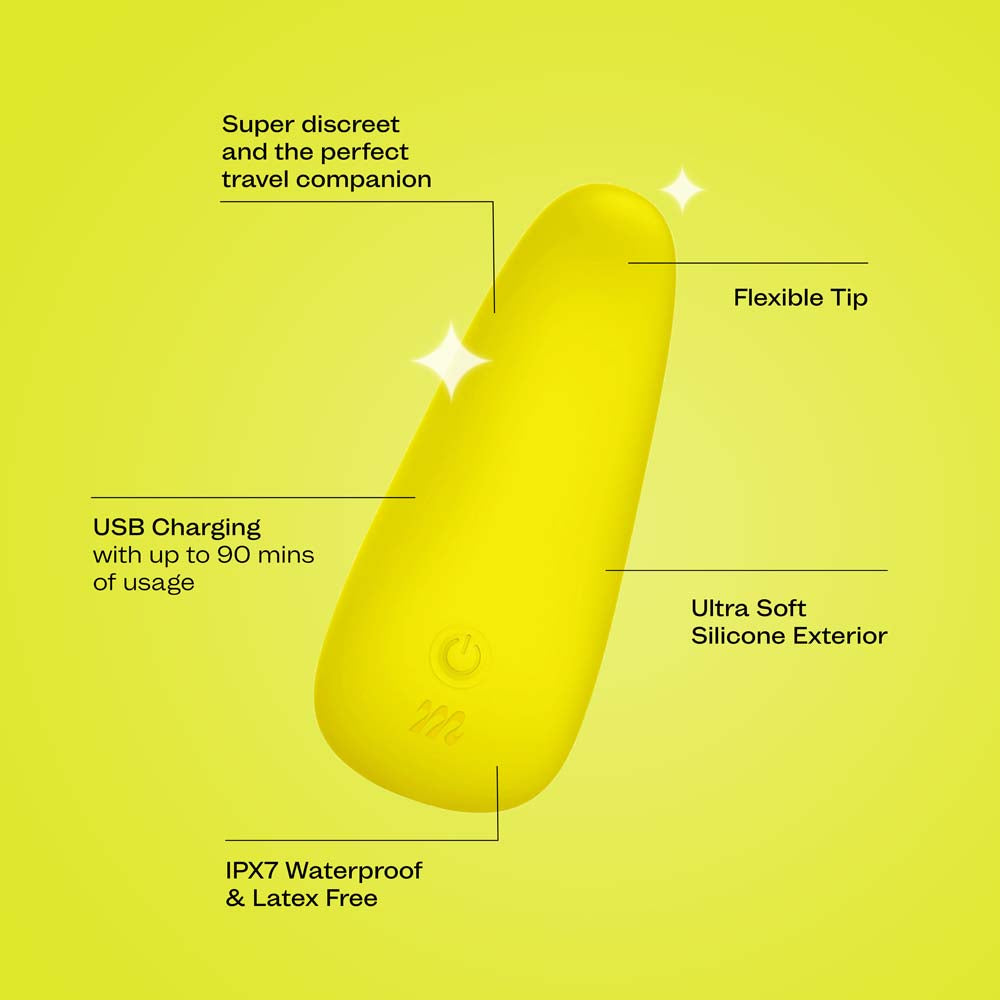 Yellow CEO vibrator with feature descriptions