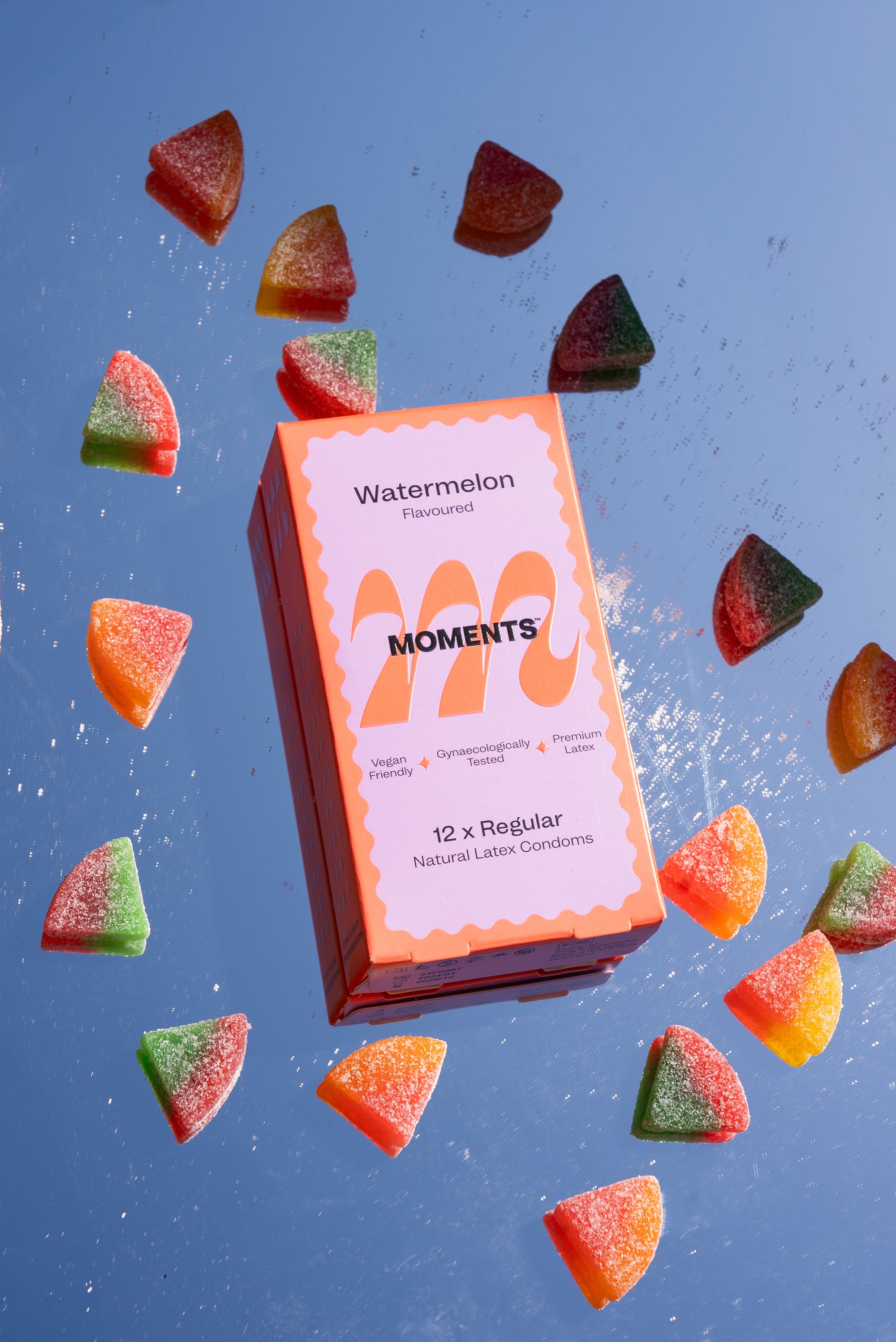 Close-up of Moments Watermelon flavoured condoms