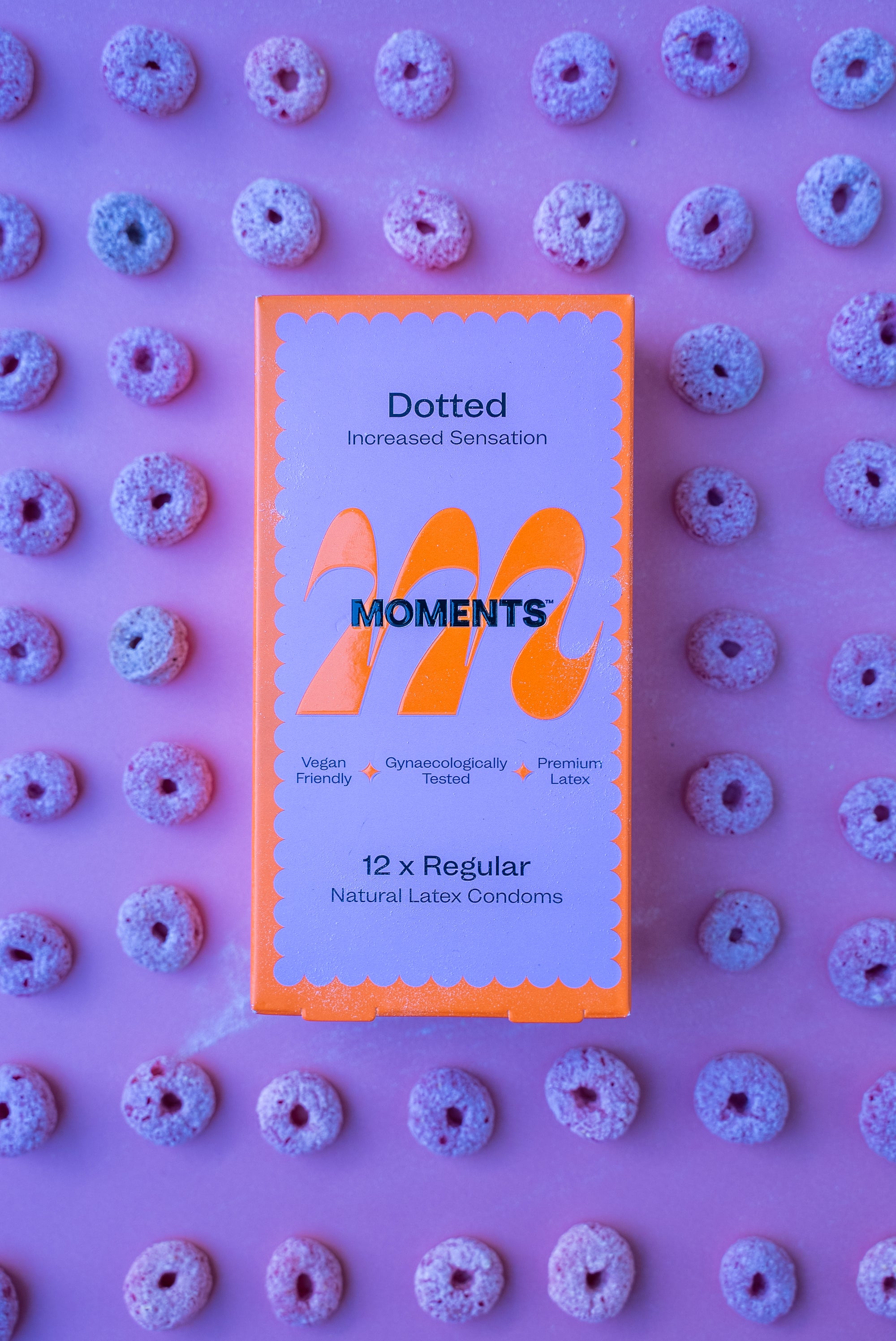 Moments Dotted condoms advertised as a new product with a fruit-themed design