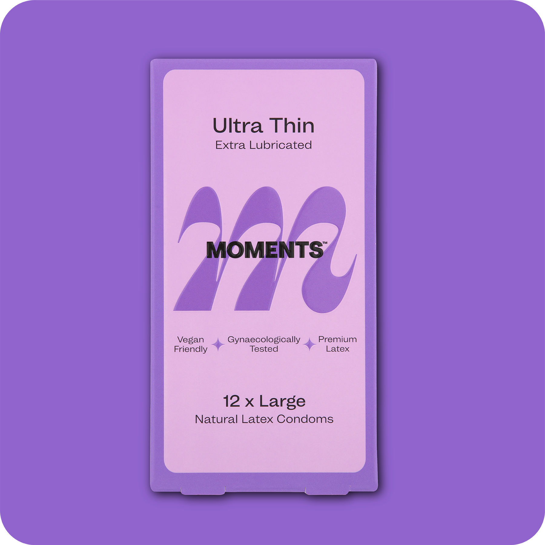 Moments Ultra Thin Large condom box displayed against a purple backdrop