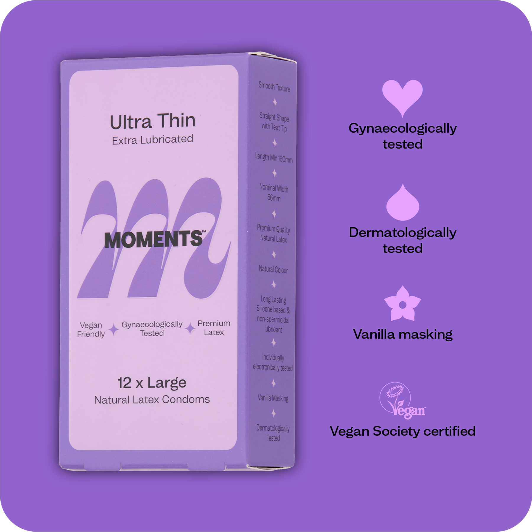 The front view of Moments Ultra Thin Large condom box with brand logo