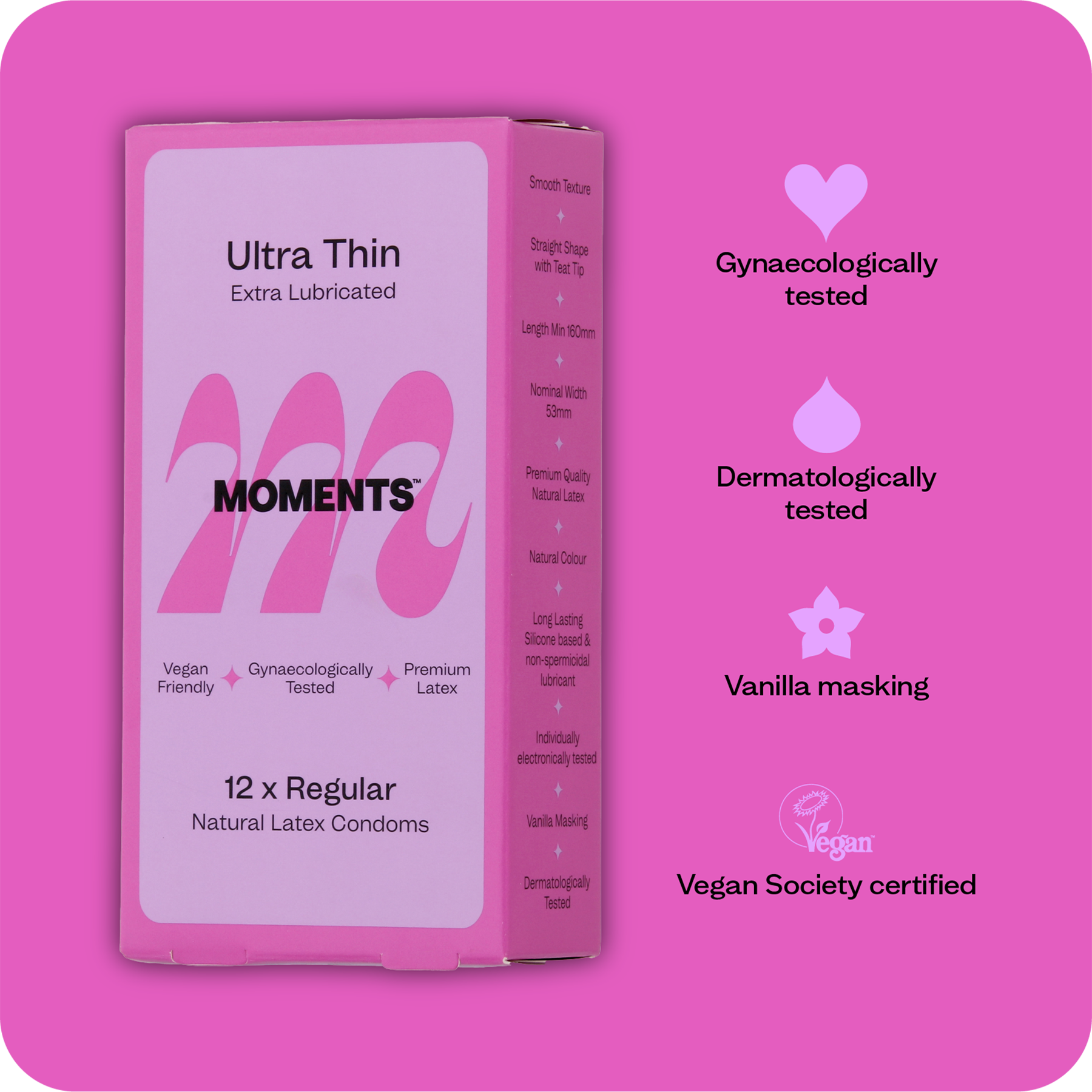 A hand presenting the Moments Ultra Thin Regular condom box with visible branding