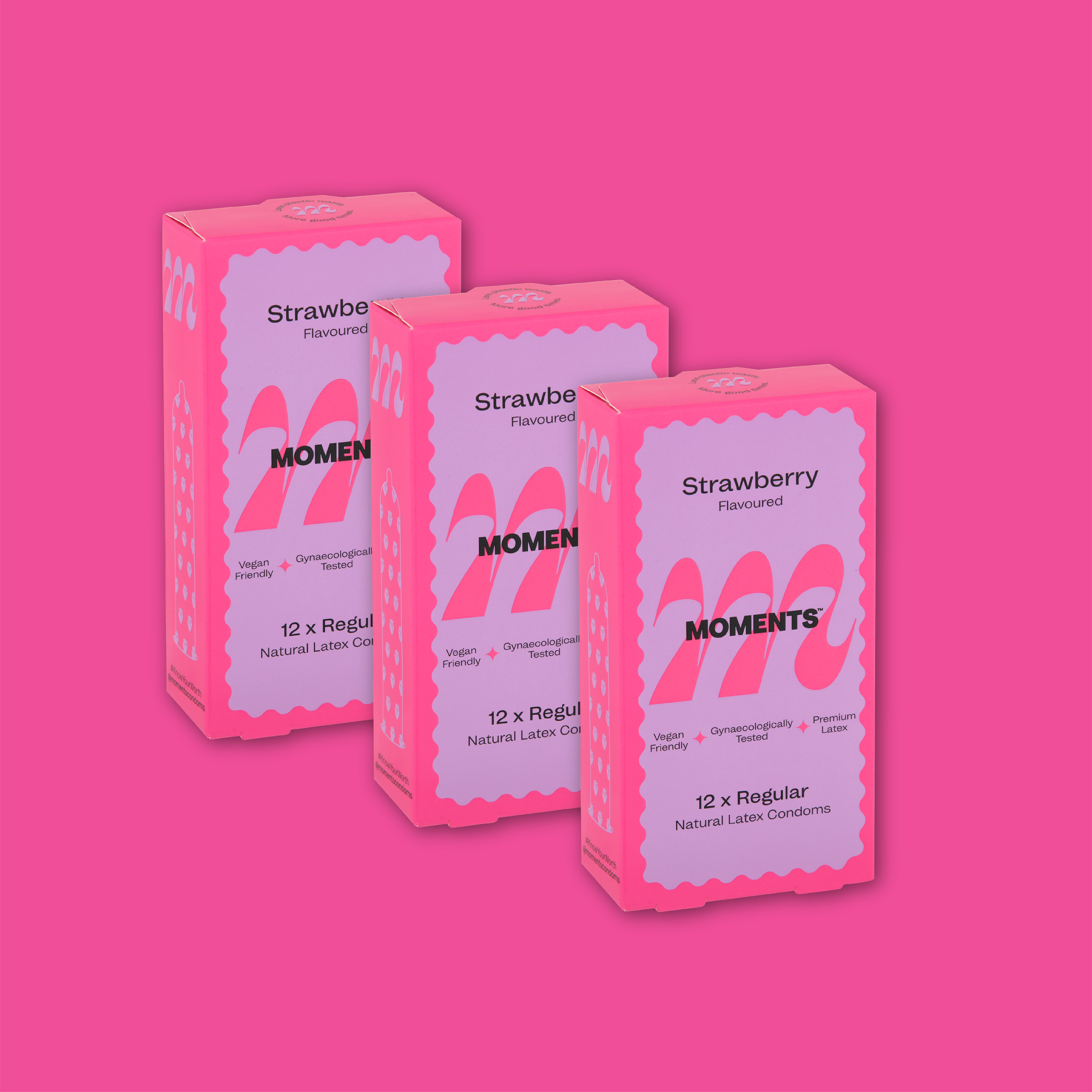 Moments Strawberry flavoured condom in pink packaging