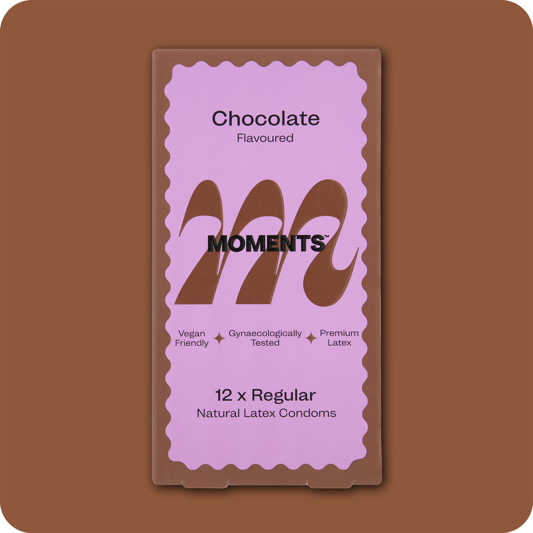 Close-up of Moments Chocolate condom with logo