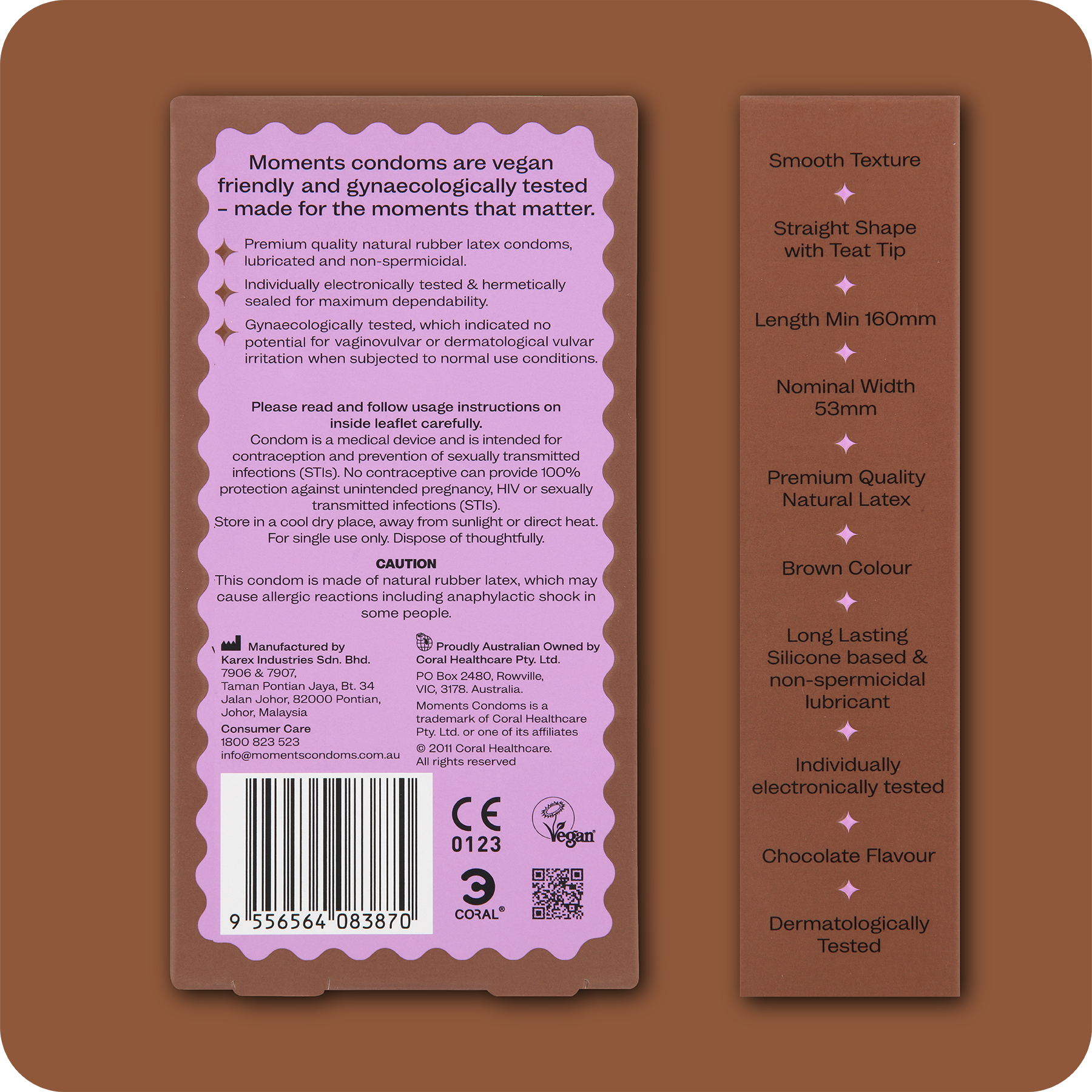 Brand information on the back of Moments Chocolate flavoured condoms