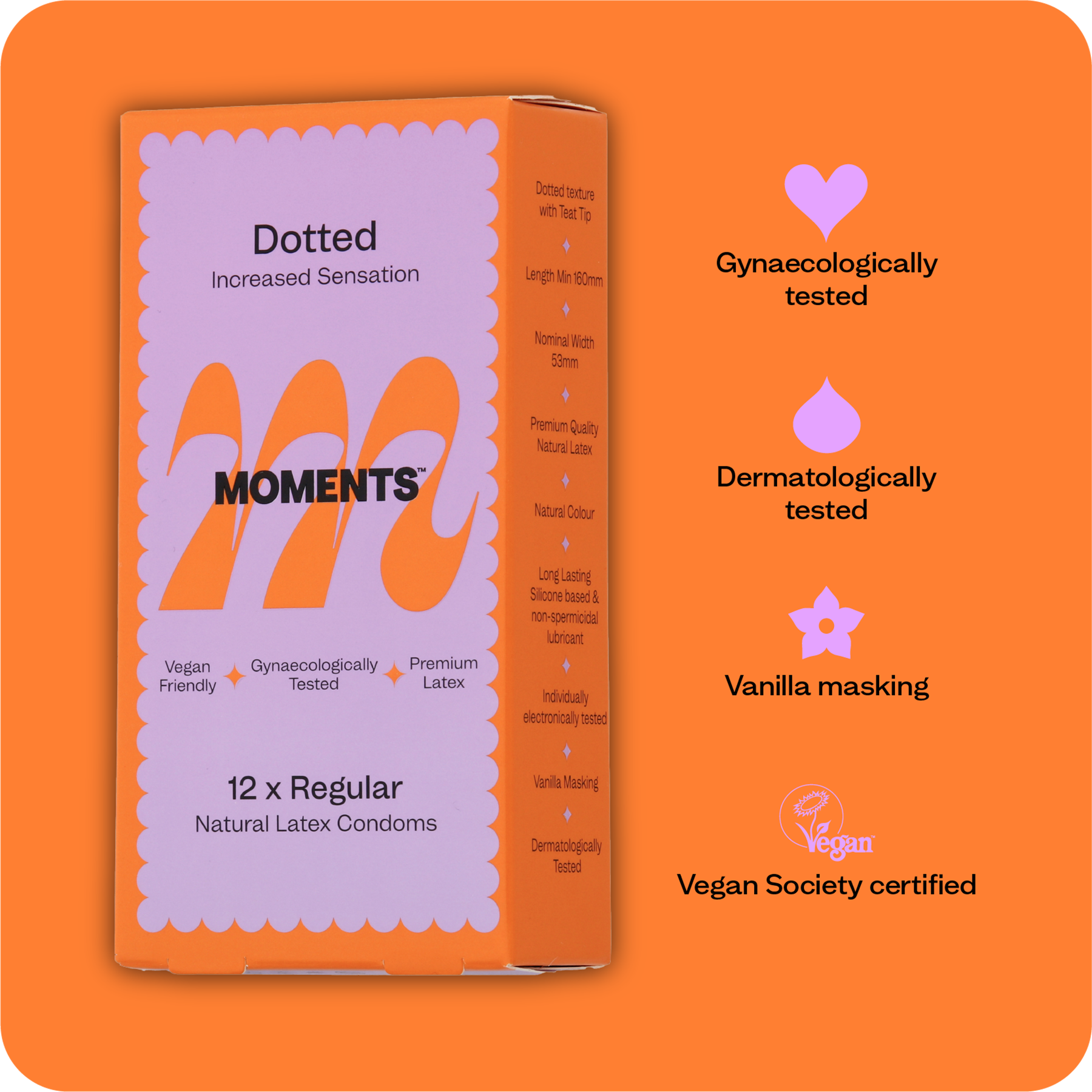 Moments Dotted condom box presented on a vibrant orange surface