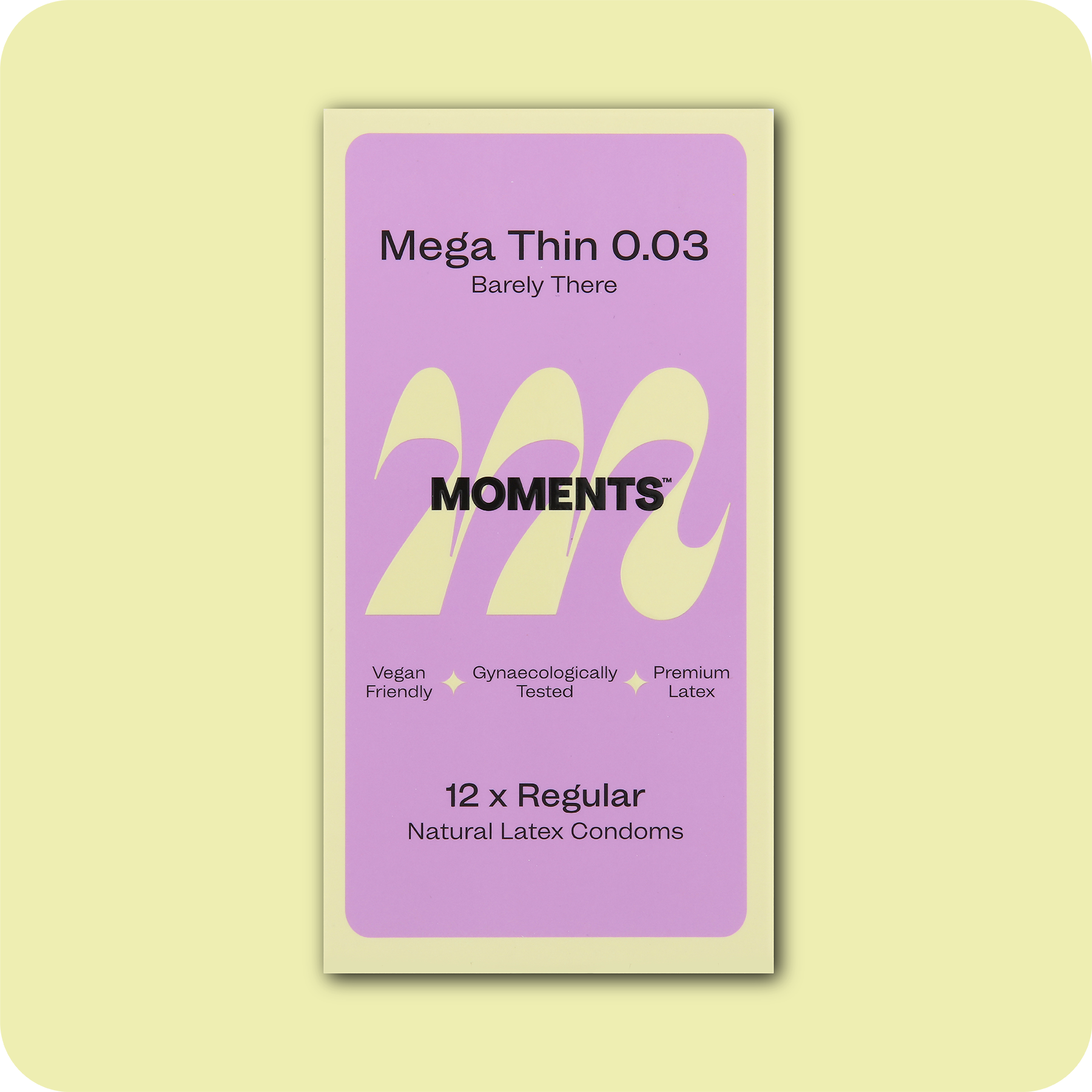 Close-up of Moments Mega Thin 0.03 condom packaging