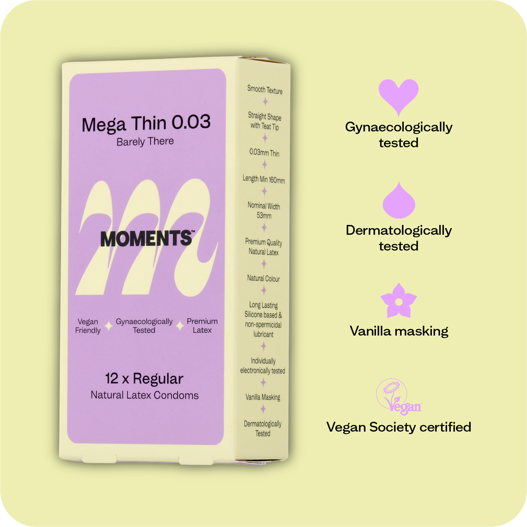 Product display of Moments Mega Thin 0.03 condoms with emphasis on the 0.03 thickness feature