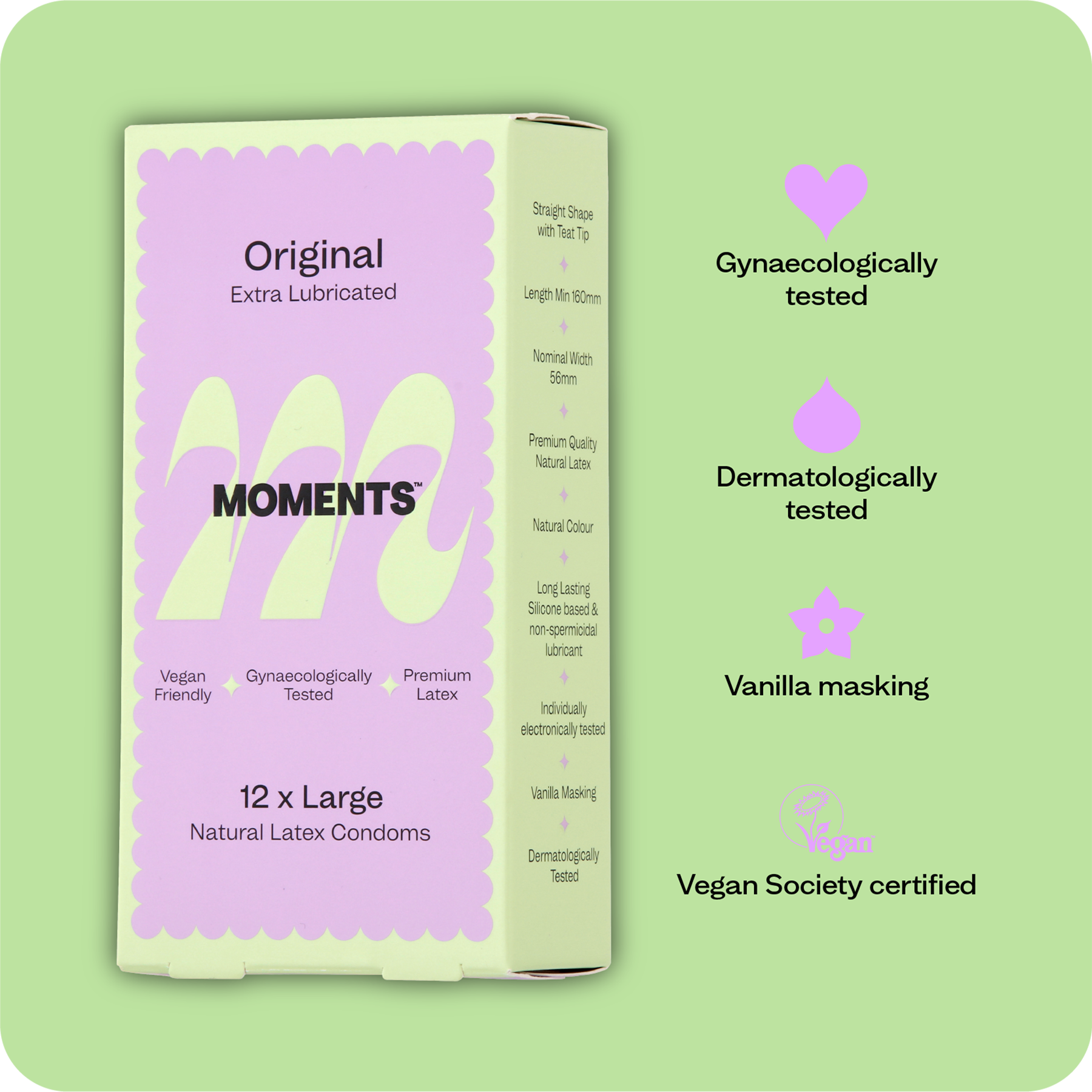 Moments Original Large condom with vegan certification label