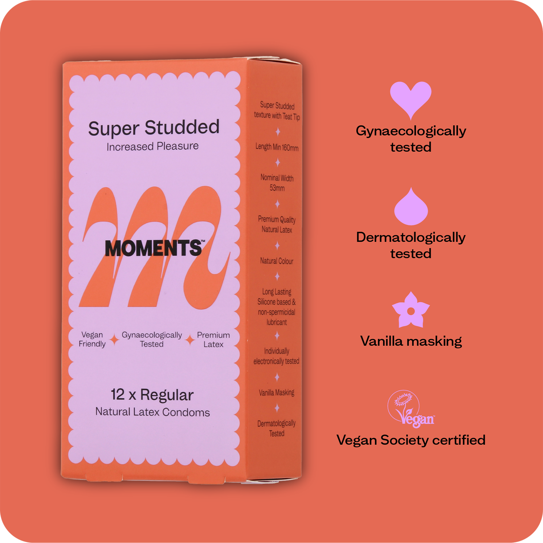 The Moments Super Studded condom box shown from a side angle to emphasize the brand