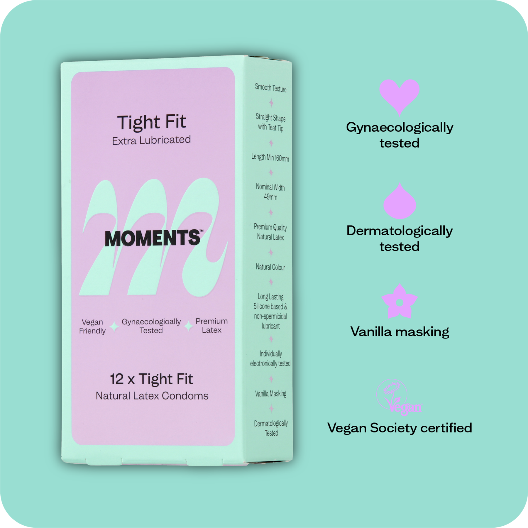 Moments Tight Fit condoms certified vegan label detail