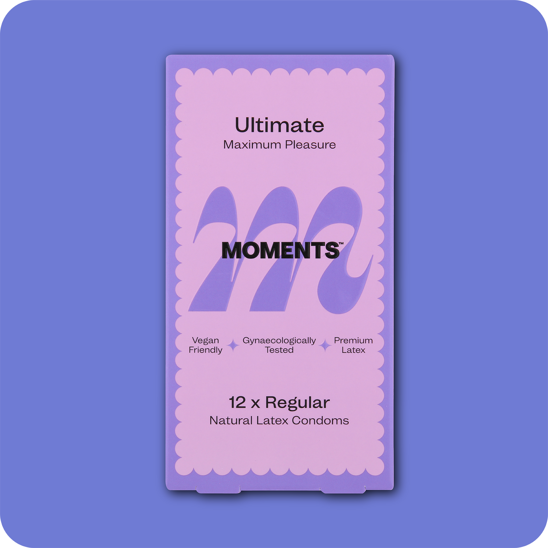 Close-up view of Moments Ultimate condom with its distinctive purple packaging