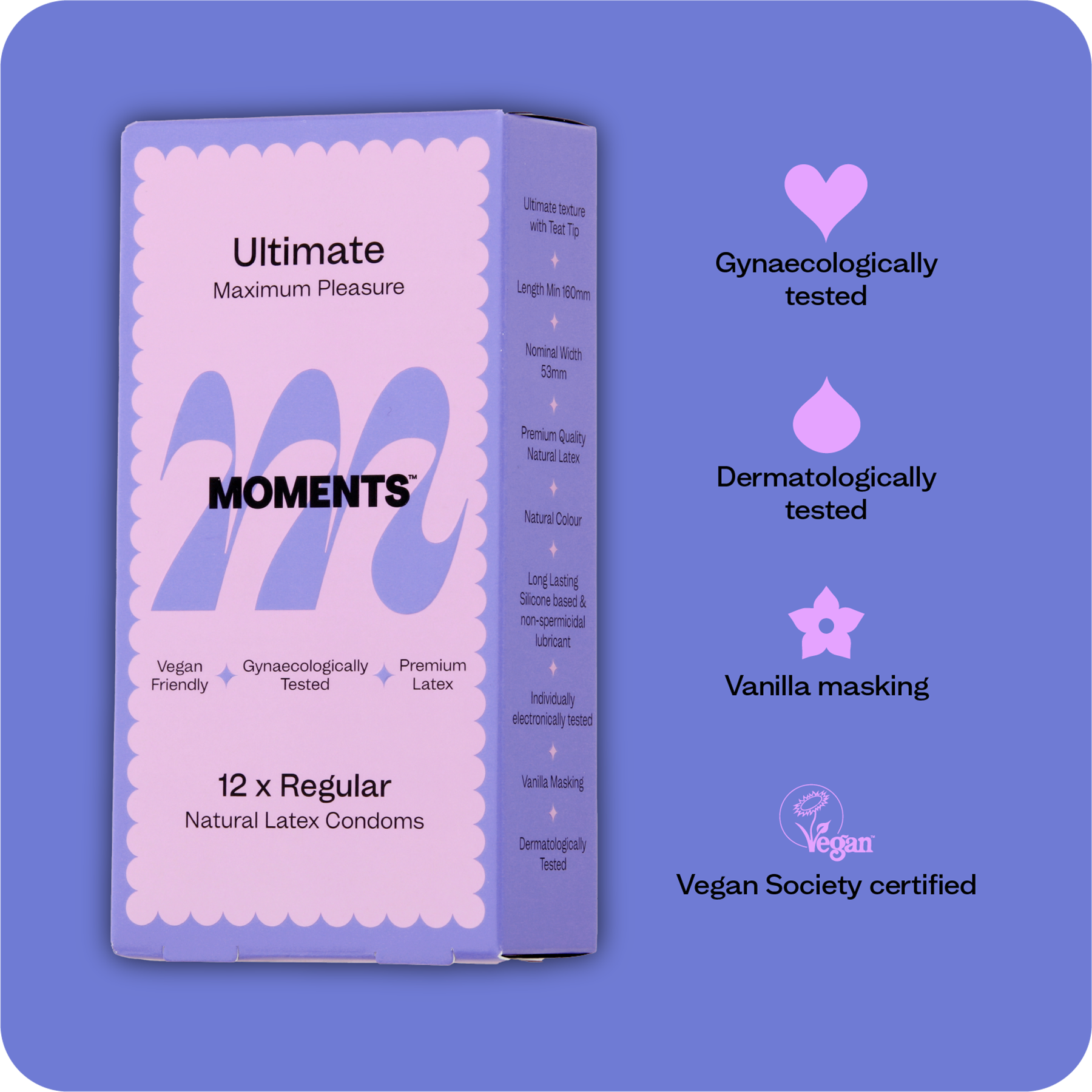 Frontal view of Moments Ultimate condoms showcasing the brand label
