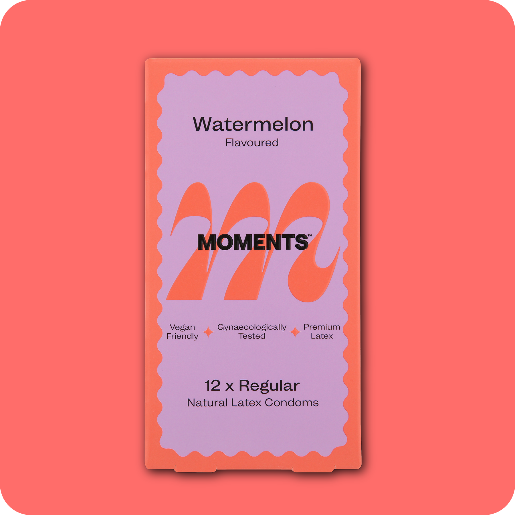 Moments Watermelon flavoured condom displayed on a pink surface