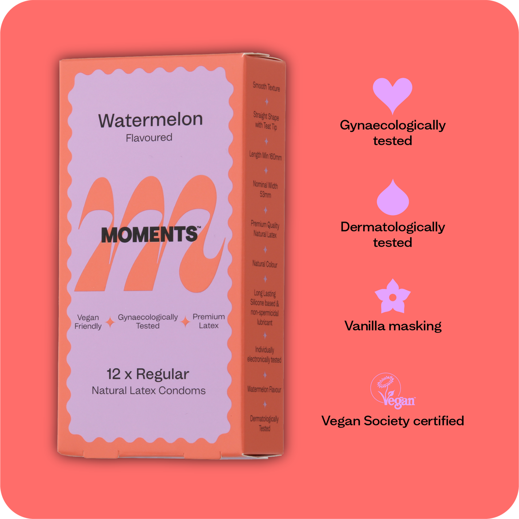 Moments Watermelon flavoured condom with emphasis on vegan ingredients and gynaecologically tested